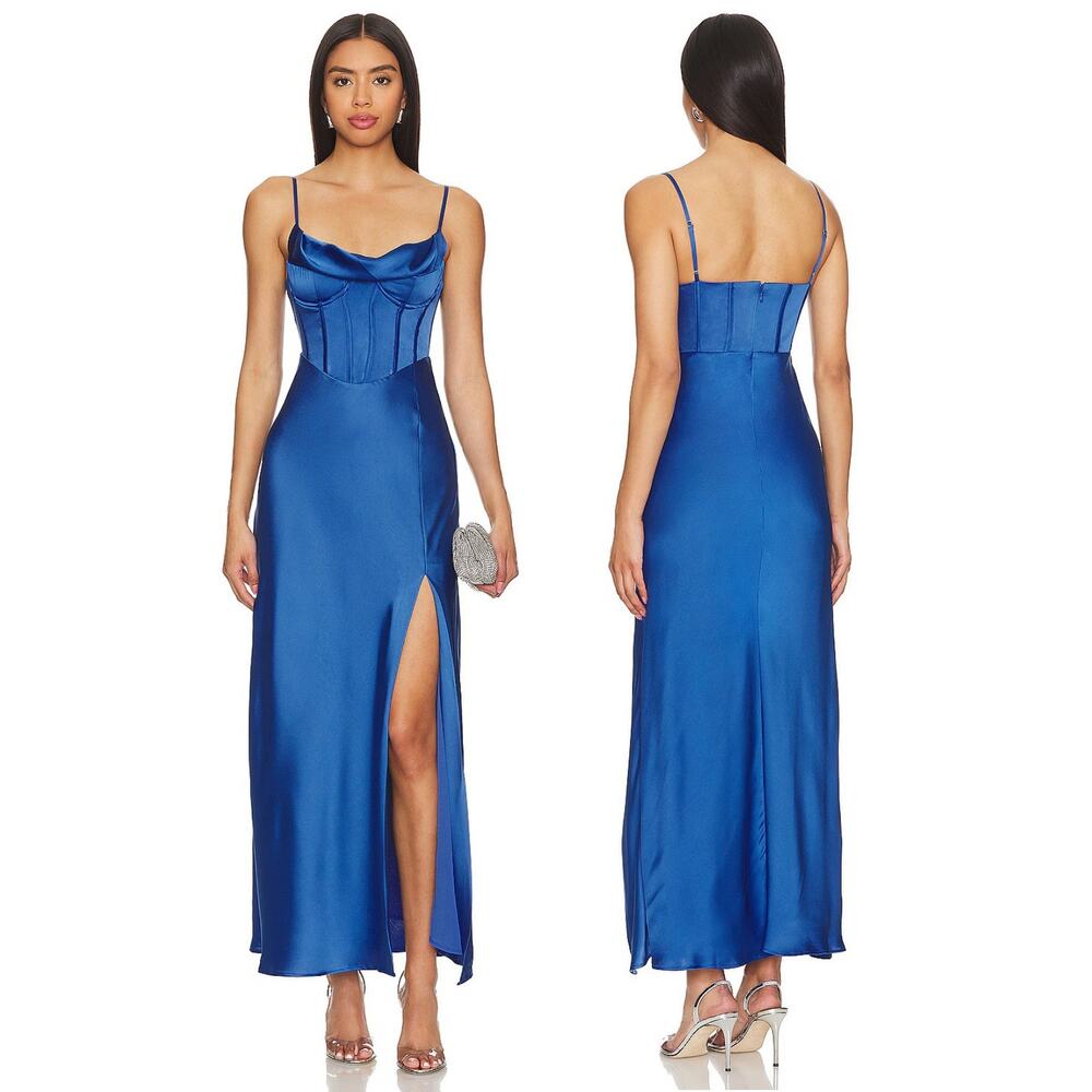 ASTR the Label Cannes Corset Maxi Dress Satin Party Formal Evening Prom Blue M